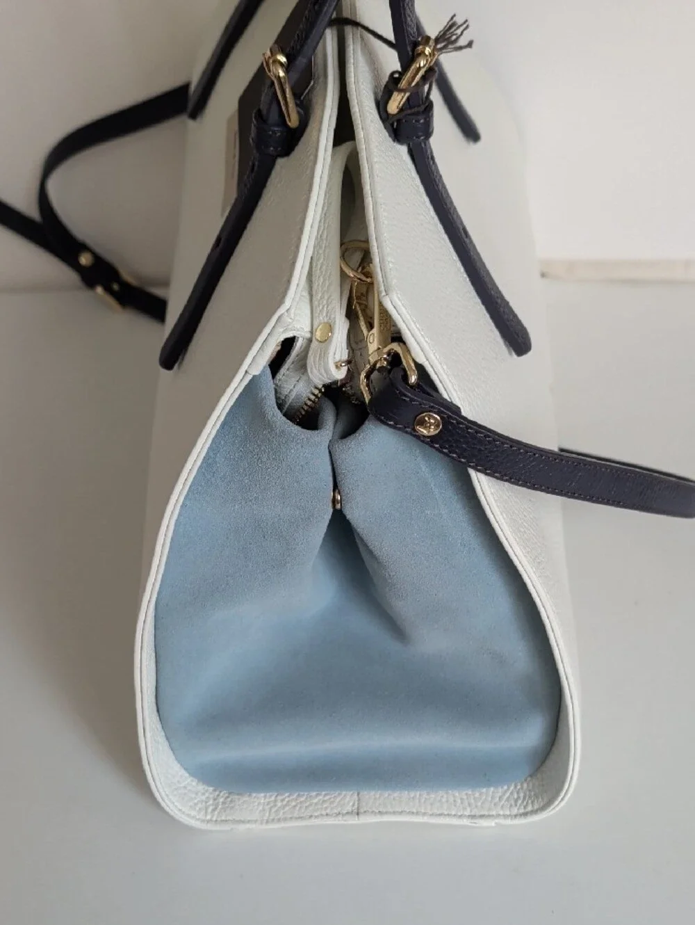 White Pebbled Satchel with Navy Trim by Vuchella